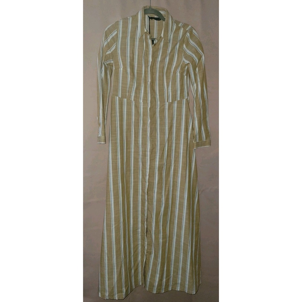 LCW Modest Striped Linen Shirt Maxi Dress 36 Beige White Long Sleeve
